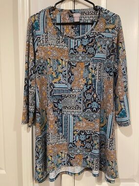 Chico's Teal, Mustard & Navy Mixed Print Tunic